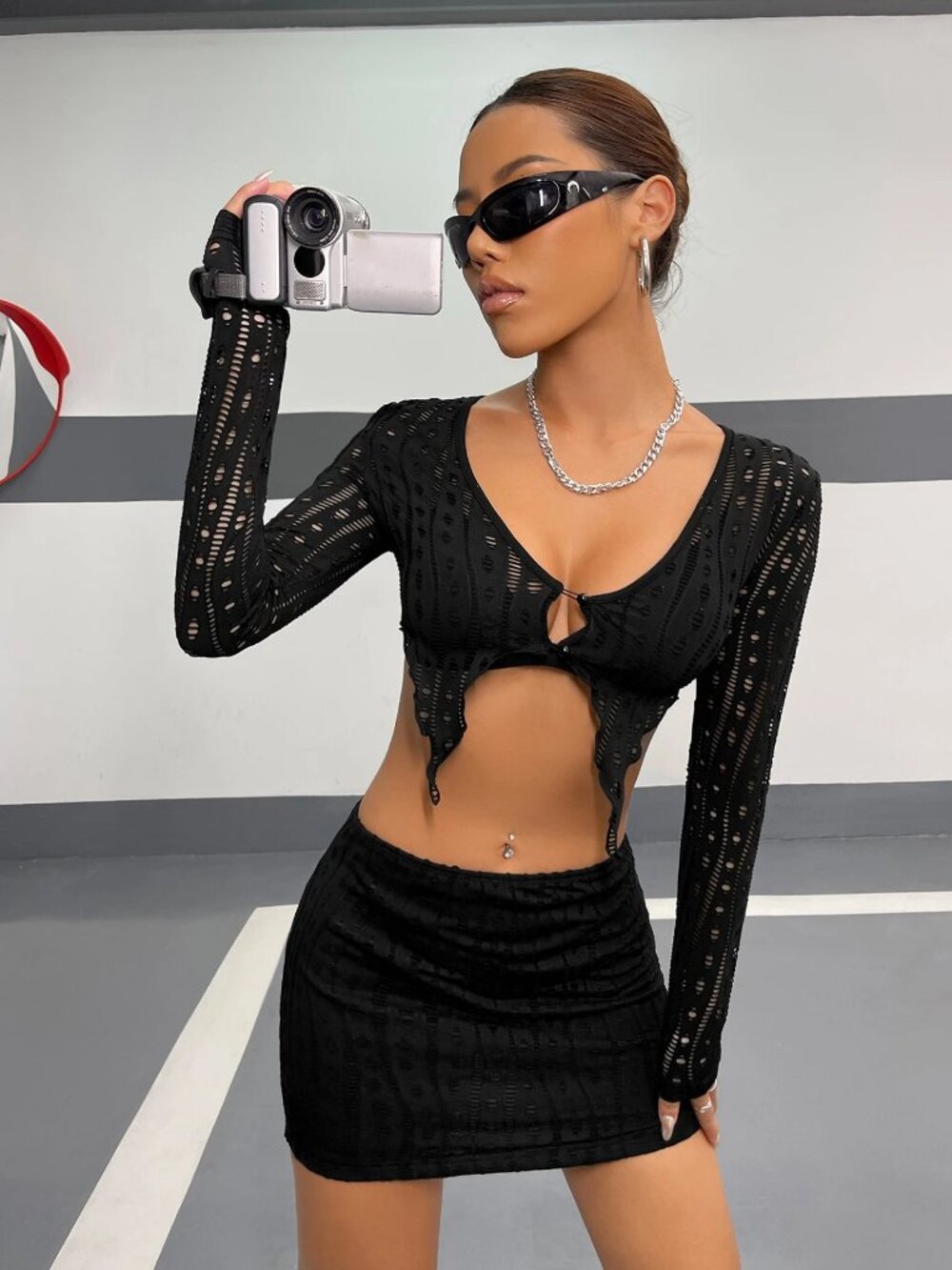 Black Mesh Cutout Two-Piece Set (Crop Top + Mini Skirt)